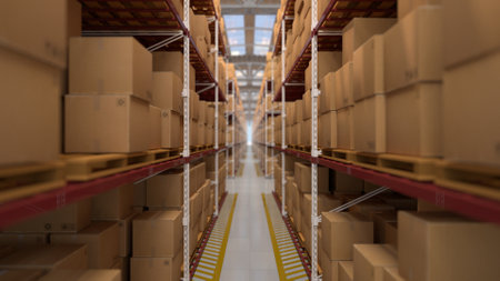 Warehouse hall with boxes and orders. Industrial interior of the hall with lighting. Logistics distribution industrial interior with gates. The work of the marketplace. distribution center.の写真素材