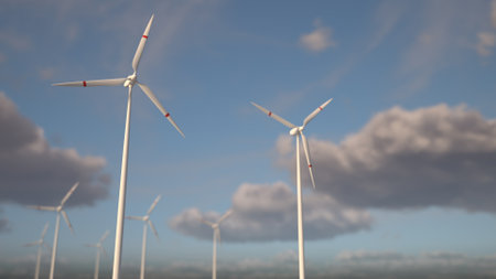 Wind turbine farm on the background of the sky with clouds. Sustainable energy production, clean energy. Alternative electric power, green transition.の写真素材