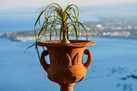 Panorama with vase on the Gulf of Taorminaの写真素材