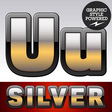 Vector set of gradient silver font with black border. Letter Uのイラスト素材