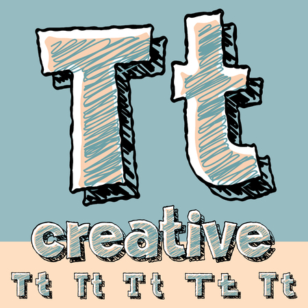 Funny sketch alphabet. Vector illustration of hand drawing font. Letter Tのイラスト素材