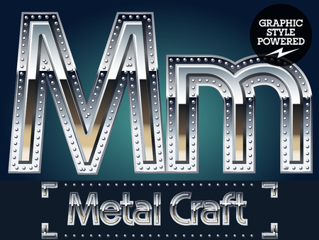 Vector set of metal aluminum alphabet with riveted border. Letter Mのイラスト素材