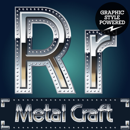 Vector set of metal aluminum alphabet with riveted border. Letter Rのイラスト素材