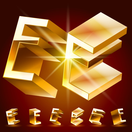 3D vector deluxe alphabet of randomly rotated thin golden symbols. All symbols in set have 8 random points of view. Letter Eのイラスト素材