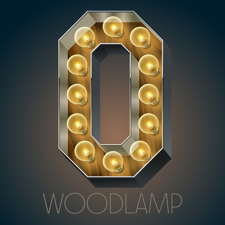 Vector wooden electric light up lamp alphabet in hard font. Number 0のイラスト素材