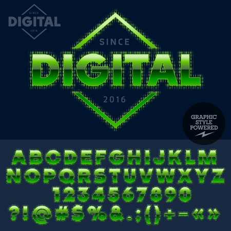 Techno style glossy emblem for computer club, Internet cafe, electronics store, night club, technology activity. Vector set of letters and numbersのイラスト素材