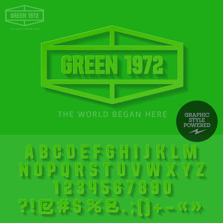 Green mat emblem with shadow for organic and ecologic product shop. Vector set of letters and numbersのイラスト素材