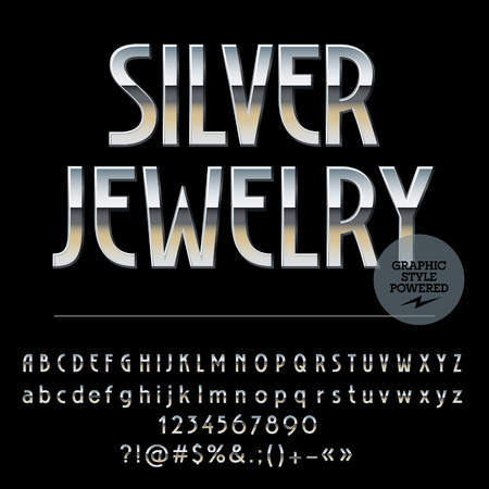 Vector set of royal silver alphabet letters, numbers and punctuation symbols. Art Deco thin styleのイラスト素材