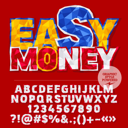Vector colorful crumpled paper alphabet letters, numbers and punctuation symbols. Bright sign with text Easy moneyのイラスト素材