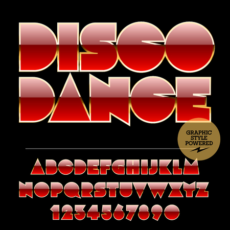 Retro styled set of red and golden alphabet letters, numbers and punctuation symbols. Vector logotype with text Disco danceのイラスト素材