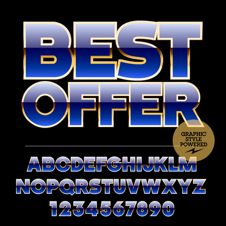 Luxe set of blue and golden alphabet letters, numbers and punctuation symbols. Vector banner with text Best offerのイラスト素材