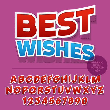 Nice sticker styled set of alphabet letters, numbers and punctuation symbols. greeting card with text Best wishesのイラスト素材