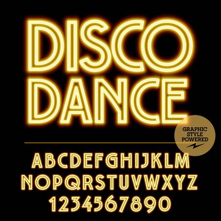 Neon bright set of alphabet letters, numbers and punctuation symbols. light up yellow with text Disco danceのイラスト素材