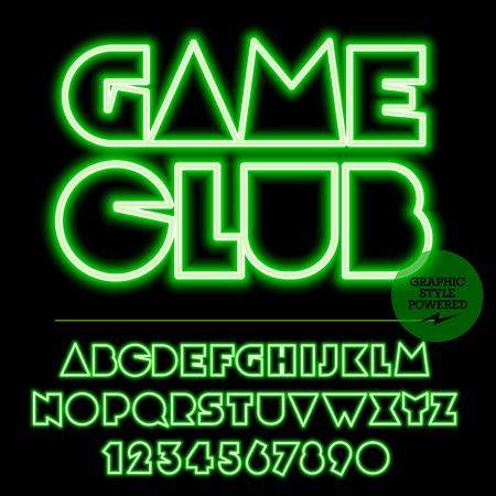 Neon bright set of alphabet letters, numbers and punctuation symbols. light up green with text Game clubのイラスト素材