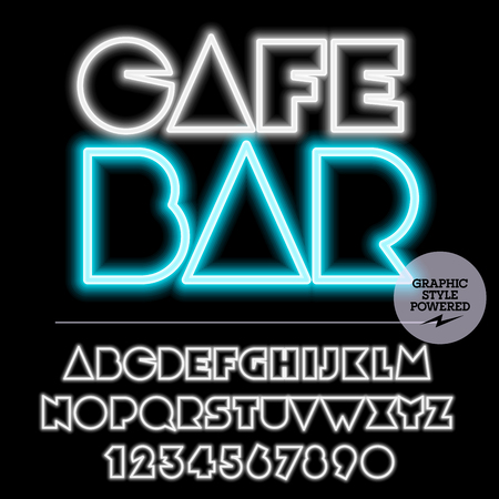 Neon bright set of alphabet letters, numbers and punctuation symbols. light up colorful icon with text Cafe barのイラスト素材