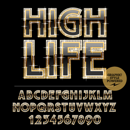 Gold with sparkles for luxury elite club. Vector set of alphabet letters, numbers and punctuation symbolsのイラスト素材