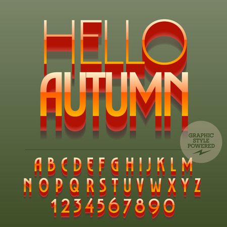 Set of glossy alphabet letters, numbers and punctuation symbols. Vector reflective orange banner with text Hello autumn. File contains graphic stylesのイラスト素材