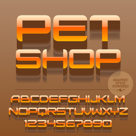 Set of glossy orange alphabet letters, numbers and punctuation symbols. Vector reflective emblem with text Pet shop. File contains graphic stylesのイラスト素材