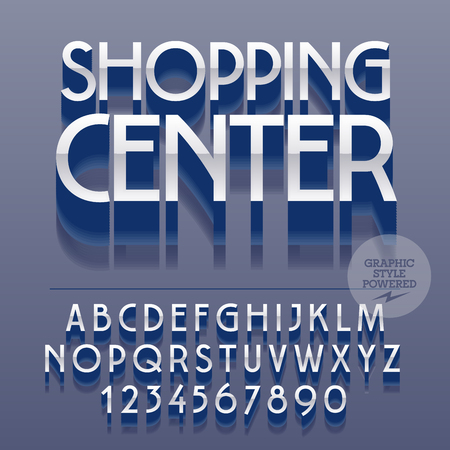 Set of slim glossy metal alphabet letters, numbers and punctuation symbols. Vector reflective logotype with text Shopping center. File contains graphic stylesのイラスト素材