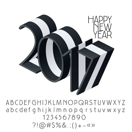 Vector striped Happy New Year 2017 greeting card with set of letters, symbols and numbersのイラスト素材