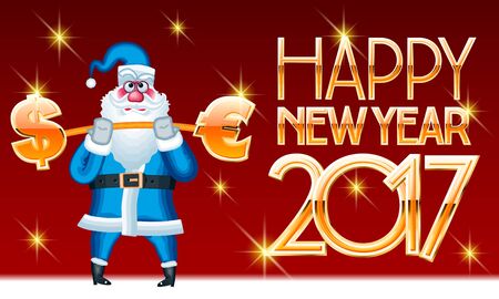 Happy New Year 2017 vector greeting card with Santa Claus. Dollar and Euro.のイラスト素材