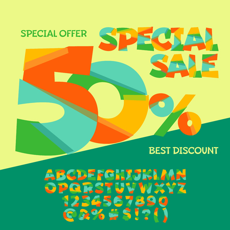 Bright banner with text 50% Special sale. Vector set of colorful letters, numbers and symbolsのイラスト素材