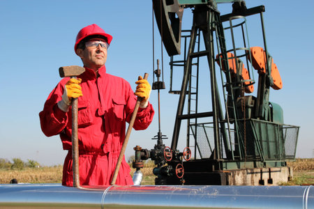 Oil industry worker holding sledgehammer next to pump jackの写真素材
