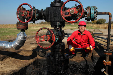 The oilfield worker controls the operation of the oil pumpの写真素材