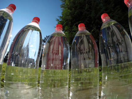 Bottled water against a background of green nature.