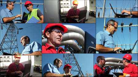 Collage made of photos with engineers using laptop computer in various situations