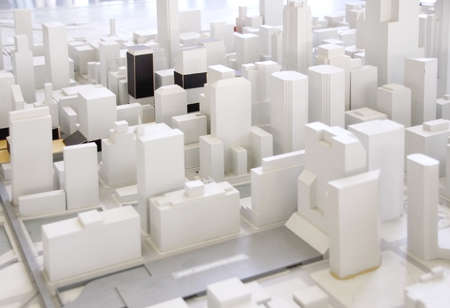 White architectural model of a city with skyscrapersの写真素材