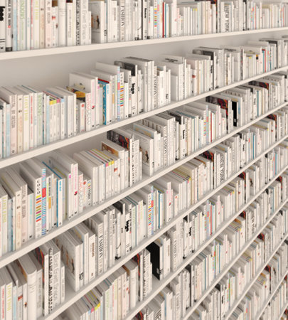 Close-up of books in a library of shelves on unfocused background. Light-colored books, arranged in a random manner. Ideal to represent ideas of courses and studies to be carried out. If you are a lover of books of any kind or the owner of a bookstore, this image may be useful to you. Promote your coffee and book business with this attractive image.の写真素材