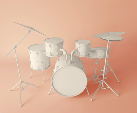 Front view of a musical drum set on a simple abstract background, ideal for music and drum lovers. Awesome Noise Maker Musician Band Music Lover Gift ideal for a High noise Drummer. Heavy drummer style from the set to the basement to the halftime marching band show let the world know that your drum rudiments and flams are meant to be heard! This funny design is ideal to show some musical humor when drumming around. Drummer design for musicians who love sitting on the drum set, recording their drumsticks and listening, or making music. Are you a passionate drumming lover, fan or percussionist? Then this graphic design is just right for you! This retro design showing a drummer holding his sticks and a drum kit silhouette, saying "I destroy silence" makes a great gift for drummers musicians and music lovers. Do you play the drums for a band, in concert, or in the basement you'll love this drummer design.の写真素材