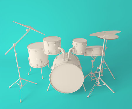 Front view of a musical drum set on a simple abstract background, ideal for music and drum lovers. Awesome Noise Maker Musician Band Music Lover Gift ideal for a High noise Drummer. Heavy drummer style from the set to the basement to the halftime marching band show let the world know that your drum rudiments and flams are meant to be heard! This funny design is ideal to show some musical humor when drumming around. Drummer design for musicians who love sitting on the drum set, recording their drumsticks and listening, or making music. Are you a passionate drumming lover, fan or percussionist? Then this graphic design is just right for you! This retro design showing a drummer holding his sticks and a drum kit silhouette, saying "I destroy silence" makes a great gift for drummers musicians and music lovers. Do you play the drums for a band, in concert, or in the basement you'll love this drummer design.の写真素材