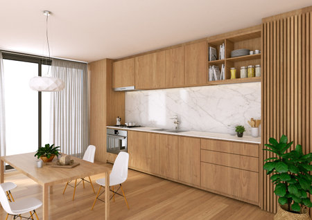 Interior of a kitchen seen from the front. Luminous image. Wooden floor, white furniture, marble counter tops and a wainscoting on the right side wall. In the image you can see the sink, oven, stove and overhead shelves with a wooden detail. Ideal to represent home life, design objects and kitchen-related items. Ideal if you are a chef or cook or work in gastronomy. Perfect for use in promotions of cooking recipes or gastronomy in general. If you are an interior designer and you dedicate yourself mainly to kitchens, this image can be very useful for you, use it to show ideas to potential clients for home renovations. Show materials and textures as well as possible distributions of space.の写真素材