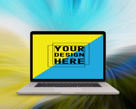 Front view of a laptop. Computer on an abstract background. Ideal to represent a web launch and promote that your business is now online. Technological ideas on computer support. If your venture is now in the digital age and you can find it on a web page on the internet, then that design can be very useful for you. If you work in e-commerce, use this image to promote your business and increase your sales.の写真素材