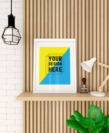 Image of a painting resting on a wooden shelf. Ideal if you are an artist, illustrator or painter and want to show your work placed in a homey and cozy space. Give your designs a beautiful setting to show your clients how great your art can look inside their homes.の写真素材