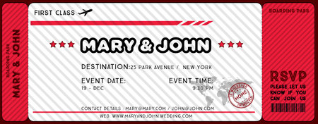 Boarding pass mockup. Invitation to a wedding with a boarding pass theme, ideal if you are an amateur traveler and want your wedding to reflect your desire to travel by plane and see the world. This original invitation to a wedding with a travel theme and a boarding pass format is ideal if you want to celebrate your marriage and then go on your honeymoon to paradise by plane. Ideal for travel lovers and backpackers.のイラスト素材