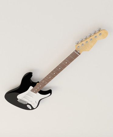 Colorful guitar viewed from above on abstract white background. Abstract musical image, ideal for guitar addicts, professional guitarists, guitar teachers and guitarists in musical bands. If you are a music producer or you sell musical instruments or guitars, this image will be very useful for you. Music enthusiasts love guitars. Ideal for songwriters or as a background to promote your next musical event.の写真素材