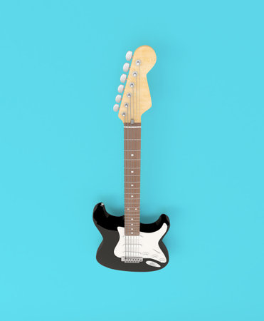 Colorful guitar viewed from above on abstract white background. Abstract musical image, ideal for guitar addicts, professional guitarists, guitar teachers and guitarists in musical bands. If you are a music producer or you sell musical instruments or guitars, this image will be very useful for you. Music enthusiasts love guitars. Ideal for songwriters or as a background to promote your next musical event.の写真素材