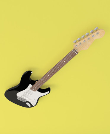 Colorful guitar viewed from above on abstract white background. Abstract musical image, ideal for guitar addicts, professional guitarists, guitar teachers and guitarists in musical bands. If you are a music producer or you sell musical instruments or guitars, this image will be very useful for you. Music enthusiasts love guitars. Ideal for songwriters or as a background to promote your next musical event.の写真素材