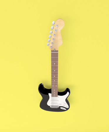 Colorful guitar viewed from above on abstract white background. Abstract musical image, ideal for guitar addicts, professional guitarists, guitar teachers and guitarists in musical bands. If you are a music producer or you sell musical instruments or guitars, this image will be very useful for you. Music enthusiasts love guitars. Ideal for songwriters or as a background to promote your next musical event.の写真素材