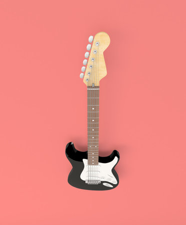 Colorful guitar viewed from above on abstract white background. Abstract musical image, ideal for guitar addicts, professional guitarists, guitar teachers and guitarists in musical bands. If you are a music producer or you sell musical instruments or guitars, this image will be very useful for you. Music enthusiasts love guitars. Ideal for songwriters or as a background to promote your next musical event.の写真素材