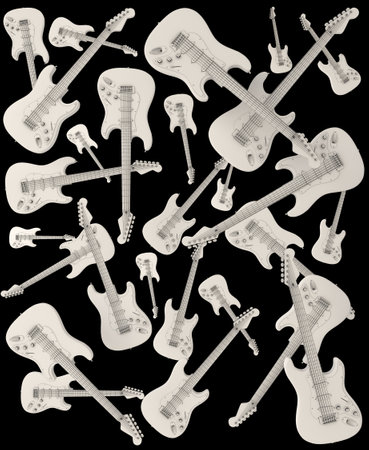 Colorful guitar viewed from above on abstract white background. Abstract musical image, ideal for guitar addicts, professional guitarists, guitar teachers and guitarists in musical bands. If you are a music producer or you sell musical instruments or guitars, this image will be very useful for you. Music enthusiasts love guitars. Ideal for songwriters or as a background to promote your next musical event.の写真素材