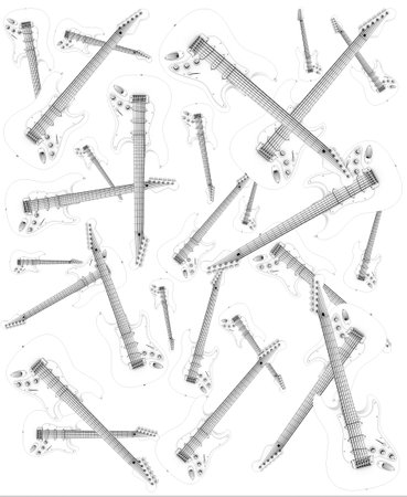 Colorful guitar viewed from above on abstract white background. Abstract musical image, ideal for guitar addicts, professional guitarists, guitar teachers and guitarists in musical bands. If you are a music producer or you sell musical instruments or guitars, this image will be very useful for you. Music enthusiasts love guitars. Ideal for songwriters or as a background to promote your next musical event.の写真素材