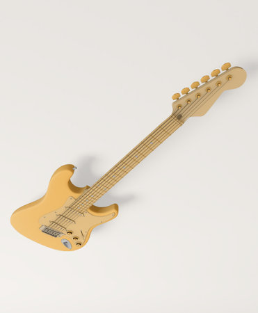 Colorful guitar viewed from above on abstract white background. Abstract musical image, ideal for guitar addicts, professional guitarists, guitar teachers and guitarists in musical bands. If you are a music producer or you sell musical instruments or guitars, this image will be very useful for you. Music enthusiasts love guitars. Ideal for songwriters or as a background to promote your next musical event.の写真素材