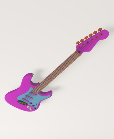 Colorful guitar viewed from above on abstract white background. Abstract musical image, ideal for guitar addicts, professional guitarists, guitar teachers and guitarists in musical bands. If you are a music producer or you sell musical instruments or guitars, this image will be very useful for you. Music enthusiasts love guitars. Ideal for songwriters or as a background to promote your next musical event.の写真素材