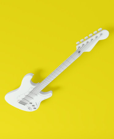 Colorful guitar viewed from above on abstract white background. Abstract musical image, ideal for guitar addicts, professional guitarists, guitar teachers and guitarists in musical bands. If you are a music producer or you sell musical instruments or guitars, this image will be very useful for you. Music enthusiasts love guitars. Ideal for songwriters or as a background to promote your next musical event.の写真素材