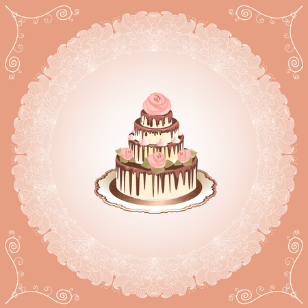 Cake with roses on lace background. Wedding Invitationのイラスト素材