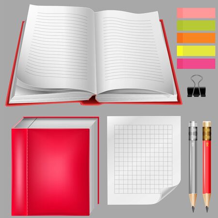 Set of office supplies: notebooks, pencils, paper clipのイラスト素材